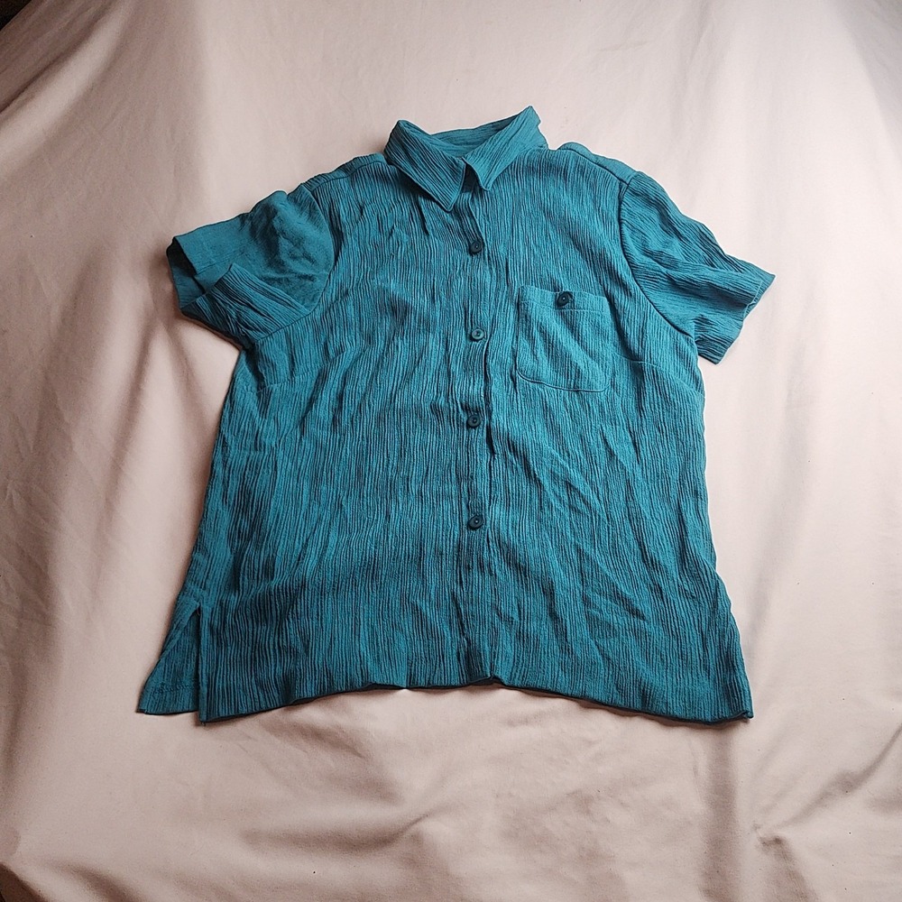 Norton McNaughton Petites Button-Down Shirt Crinkle Rayon Teal Short Sleeve